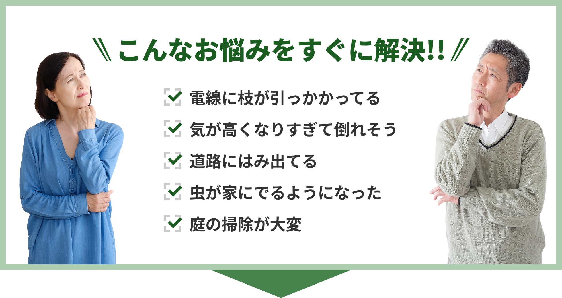 こんなお悩みをすぐに解決！！　電線に枝が引っかかっている　木が高くなりすぎて倒れそう　道路にはみ出てる　虫が家にでるようになった　庭の掃除が大変